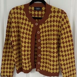 Cider brown and yellow harlequin pattern cardigan